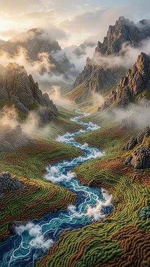 Winding River Valley Mist — free Landscapes & Waterfalls knitted art print