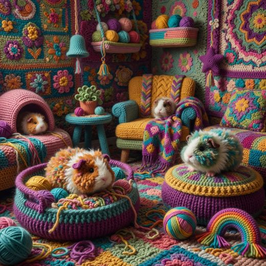Crocheted Cats On Cushions — free Maximalist Yarn Rooms knitted art print
