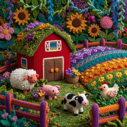 Crocheted Farm Animal Diorama — free Maximalist Yarn Rooms knitted art print