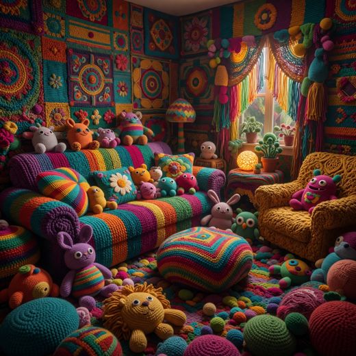 Crocheted Plush Toy Couch Scene — free Maximalist Yarn Rooms knitted art print