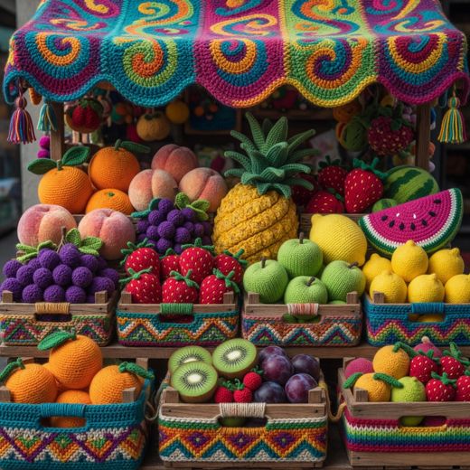 Crocheted Fruit Market Stall — free Maximalist Yarn Rooms knitted art print