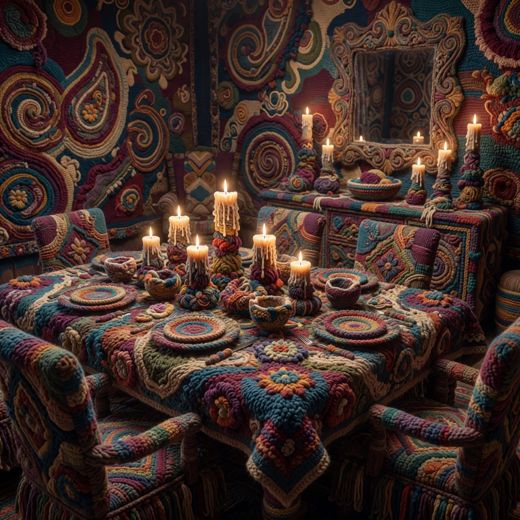Candlelit Crocheted Dining Table — free Maximalist Yarn Rooms knitted art print