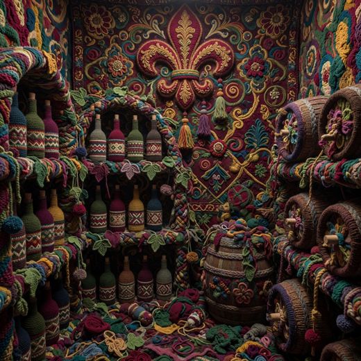 Crocheted Apothecary Shelf Scene — free Maximalist Yarn Rooms knitted art print