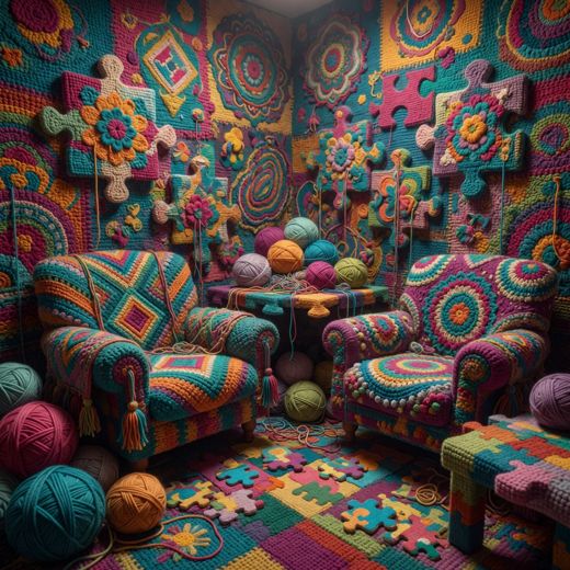 Crocheted Armchair Yarn Room — free Maximalist Yarn Rooms knitted art print