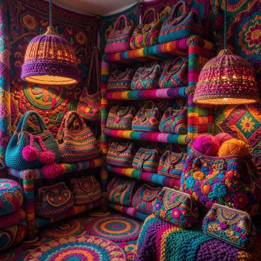 Crocheted Bags On Shelf — free Maximalist Yarn Rooms knitted art print