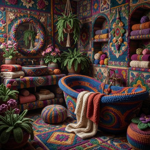 Crocheted Bathroom Scene — free Maximalist Yarn Rooms knitted art print