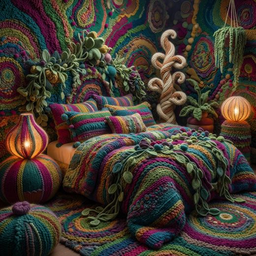 Crocheted Bedroom Plant Sculpture — free Maximalist Yarn Rooms knitted art print