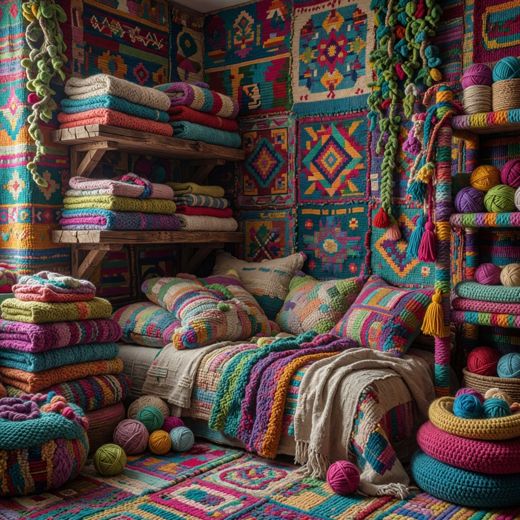 Crocheted Bedroom Yarn Shelves — free Maximalist Yarn Rooms knitted art print