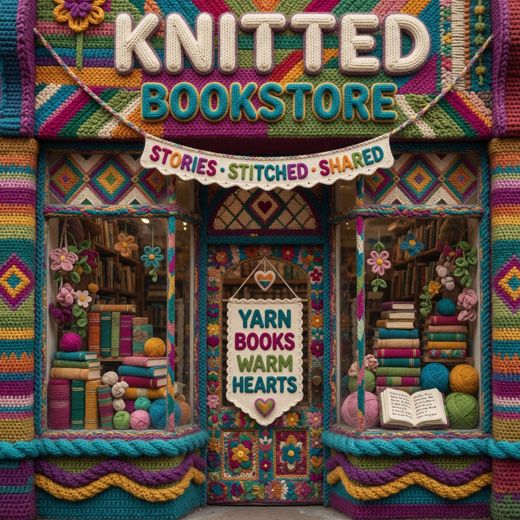 Crocheted Bookstore Storefront — free Maximalist Yarn Rooms knitted art print