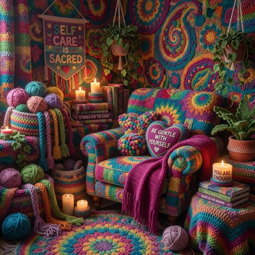Crocheted Candlelit Armchair Scene — free Maximalist Yarn Rooms knitted art print