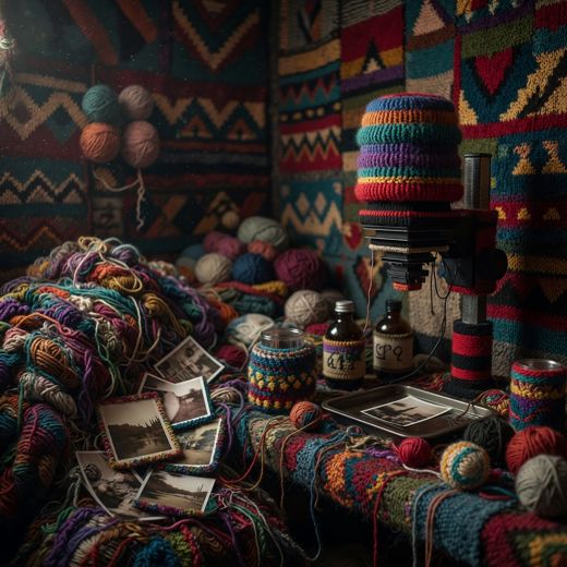 Crocheted Cluttered Study Scene — free Maximalist Yarn Rooms knitted art print