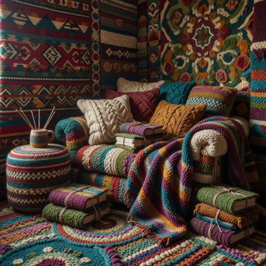 Crocheted Couch And Pillows — free Maximalist Yarn Rooms knitted art print