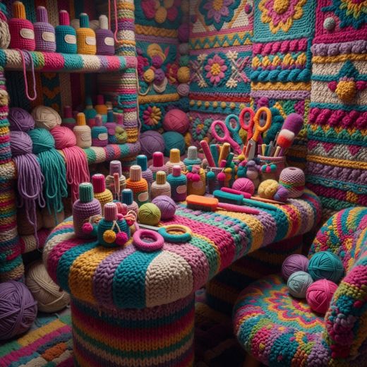 Crocheted Craft Sewing Table — free Maximalist Yarn Rooms knitted art print