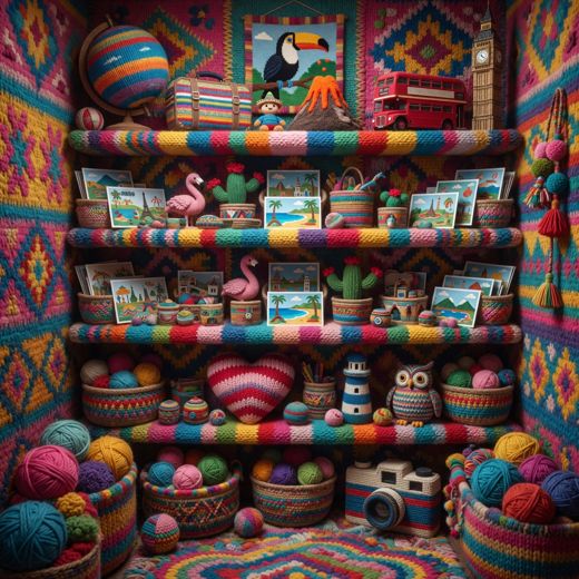Crocheted Curio Shelf Trinkets — free Maximalist Yarn Rooms knitted art print
