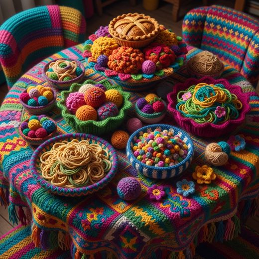 Crocheted Dessert Platter Display — free Maximalist Yarn Rooms knitted art print