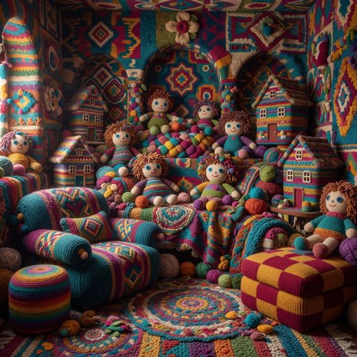 Crocheted Doll Shelf Room — free Maximalist Yarn Rooms knitted art print