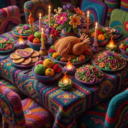 Crocheted Feast Table Scene — free Maximalist Yarn Rooms knitted art print