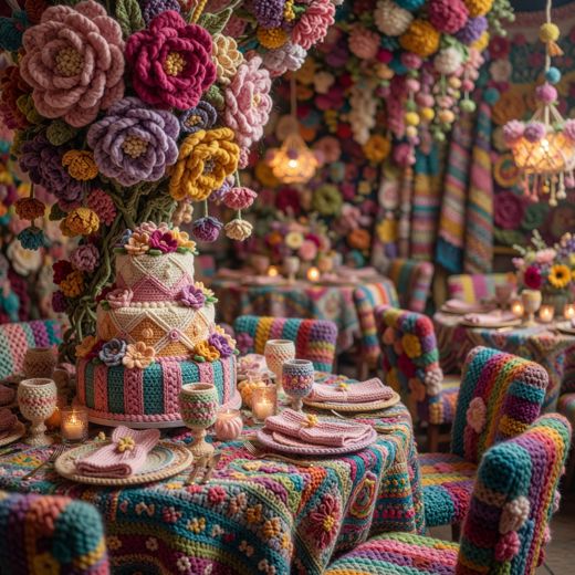 Crocheted Floral Cake Celebration Room — free Maximalist Yarn Rooms knitted art print