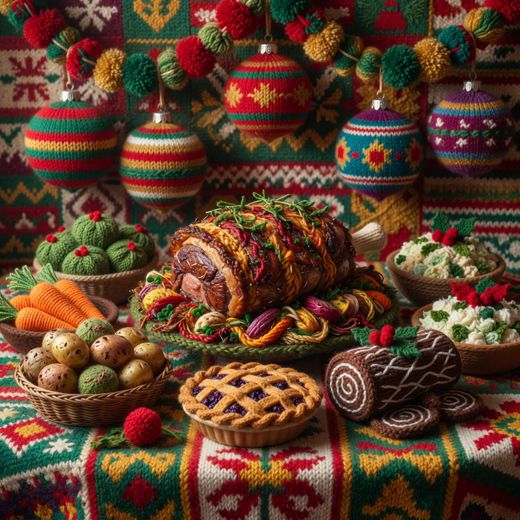 Crocheted Holiday Food Spread — free Maximalist Yarn Rooms knitted art print
