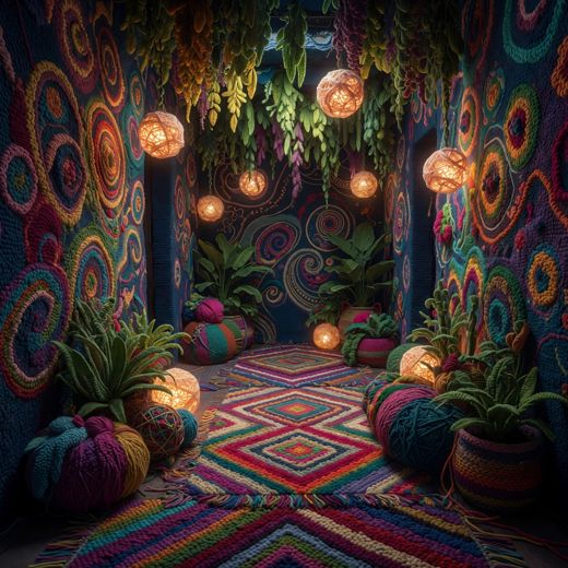Crocheted Lantern Lit Hallway — free Maximalist Yarn Rooms knitted art print