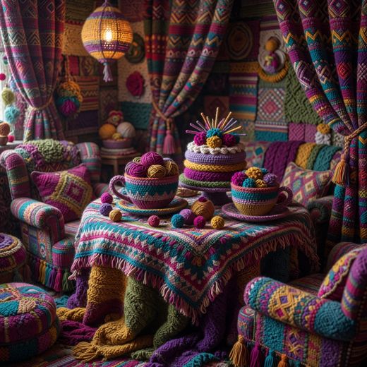 Crocheted Layered Cake Display — free Maximalist Yarn Rooms knitted art print