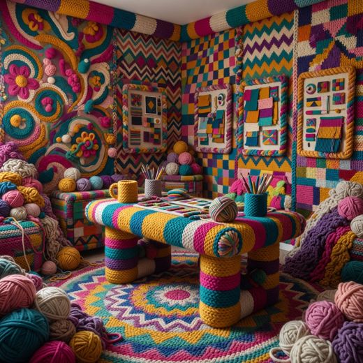 Crocheted Living Room Scene — free Maximalist Yarn Rooms knitted art print