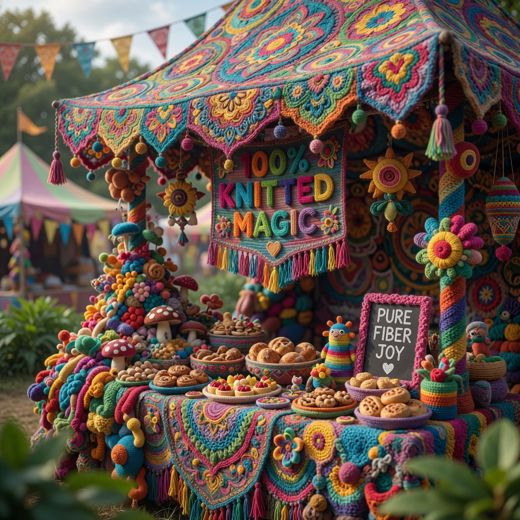 Crocheted Magic Market Pastry Stall — free Maximalist Yarn Rooms knitted art print