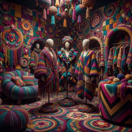 Crocheted Mannequin Robe Closet — free Maximalist Yarn Rooms knitted art print