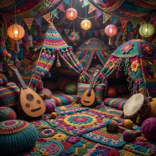 Crocheted Music Tent Scene — free Maximalist Yarn Rooms knitted art print