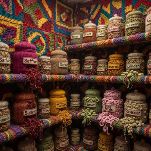 Crocheted Pantry Jar Shelves — free Maximalist Yarn Rooms knitted art print