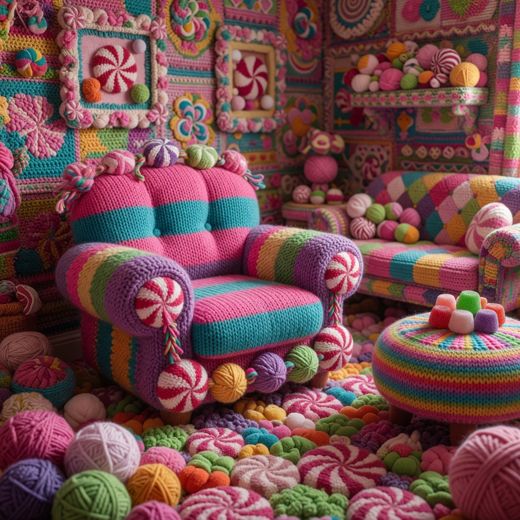 Crocheted Pastel Lounge Chairs — free Maximalist Yarn Rooms knitted art print