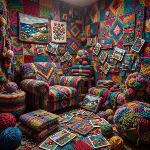 Crocheted Reading Nook Scene — free Maximalist Yarn Rooms knitted art print
