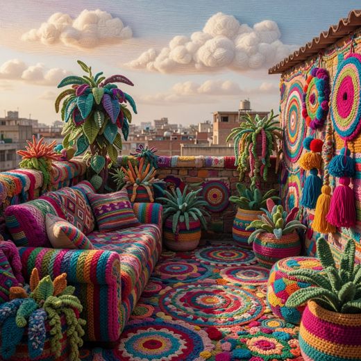 Crocheted Rooftop Terrace Scene — free Maximalist Yarn Rooms knitted art print