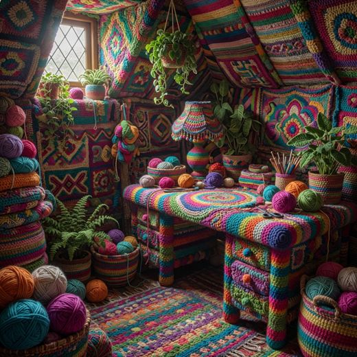 Crocheted Room With Potted Plants — free Maximalist Yarn Rooms knitted art print