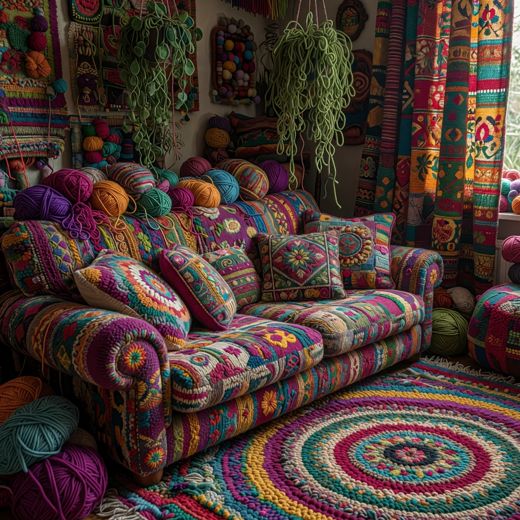 Crocheted Sofa Lounge Room — free Maximalist Yarn Rooms knitted art print