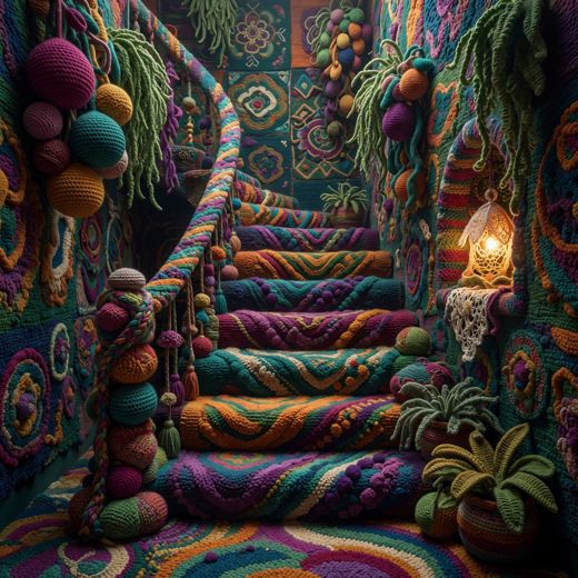 Crocheted Spiral Staircase Scene — free Maximalist Yarn Rooms knitted art print
