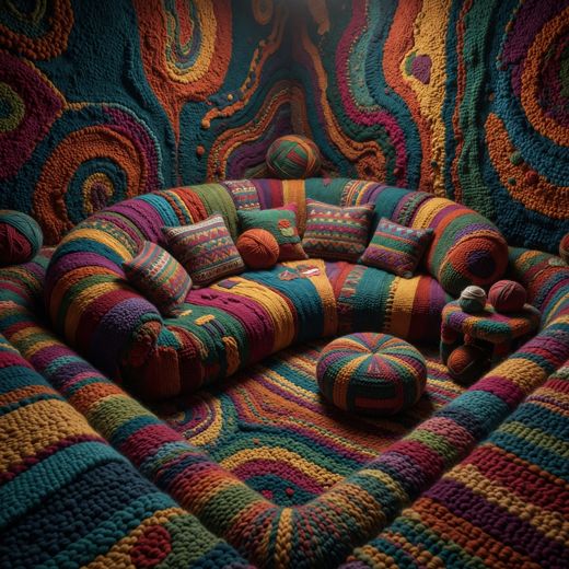 Crocheted Striped Couch Closeup — free Maximalist Yarn Rooms knitted art print