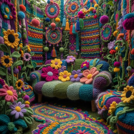 Crocheted Sunflower Reading Nook — free Maximalist Yarn Rooms knitted art print