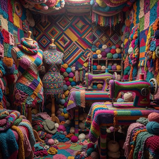 Crocheted Textile Shop Scene — free Maximalist Yarn Rooms knitted art print