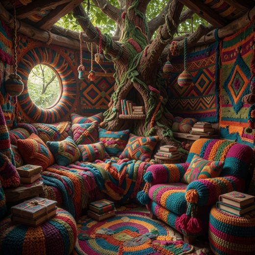 Crocheted Treehouse Nook Window — free Maximalist Yarn Rooms knitted art print