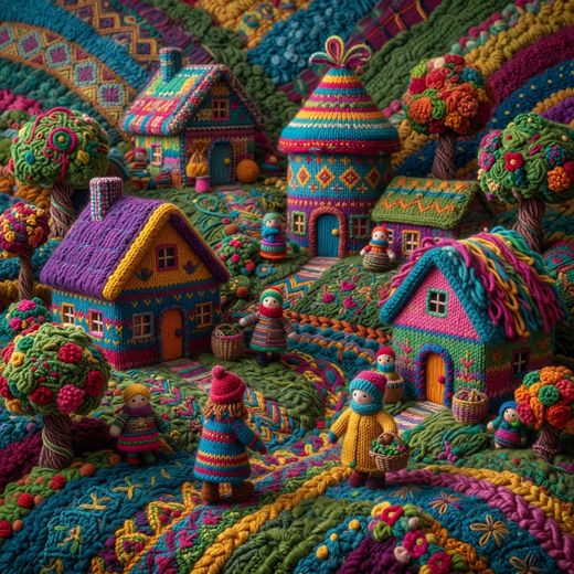 Crocheted Village Houses Scene — free Maximalist Yarn Rooms knitted art print