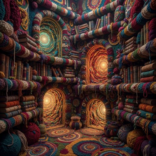 Crocheted Yarn Ball Library Hallway — free Maximalist Yarn Rooms knitted art print