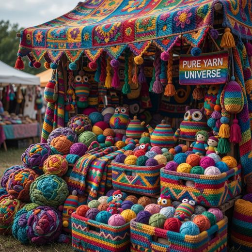 Crocheted Yarn Market Stall — free Maximalist Yarn Rooms knitted art print