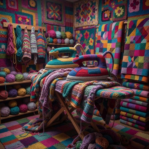 Striped Knitted Bedroom Scene — free Maximalist Yarn Rooms knitted art print