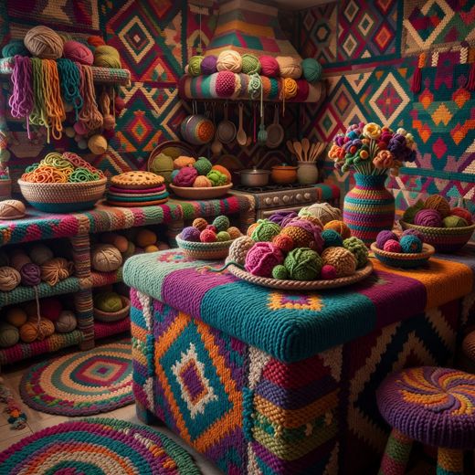 Yarn Ball Table Still Life — free Maximalist Yarn Rooms knitted art print