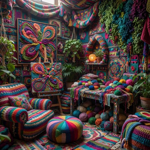 Yarn Bombed Craft Room Baskets — free Maximalist Yarn Rooms knitted art print