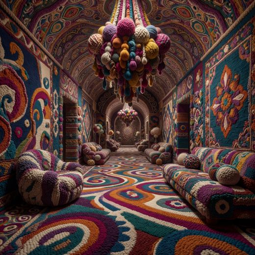 Yarn Bombed Hallway Corridor — free Maximalist Yarn Rooms knitted art print