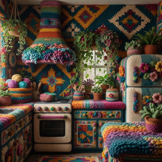 Yarn Bombed Kitchen Appliances Scene — free Maximalist Yarn Rooms knitted art print