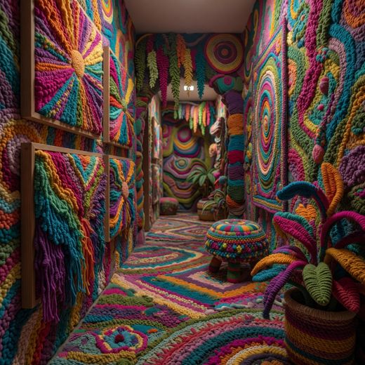 Yarn Bombed Patterned Hallway — free Maximalist Yarn Rooms knitted art print