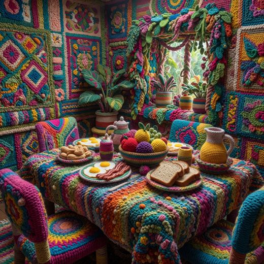 Yarn Dining Room Scene — free Maximalist Yarn Rooms knitted art print